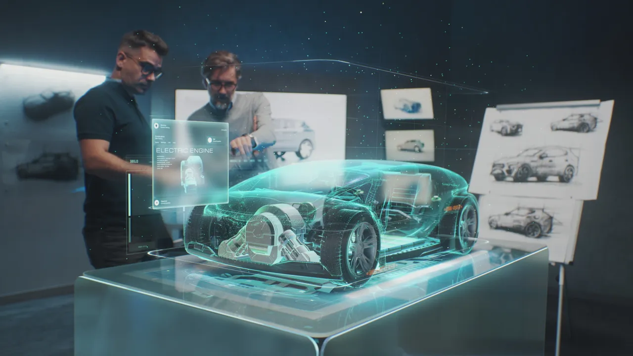An AI-generated image of engineers working around a holographic model of a car.