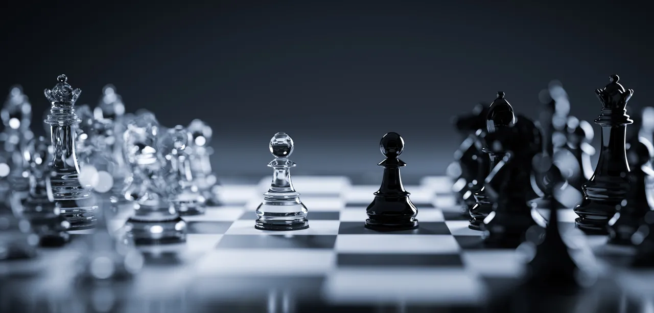An AI-generated image of chess pieces facing each other across a board.