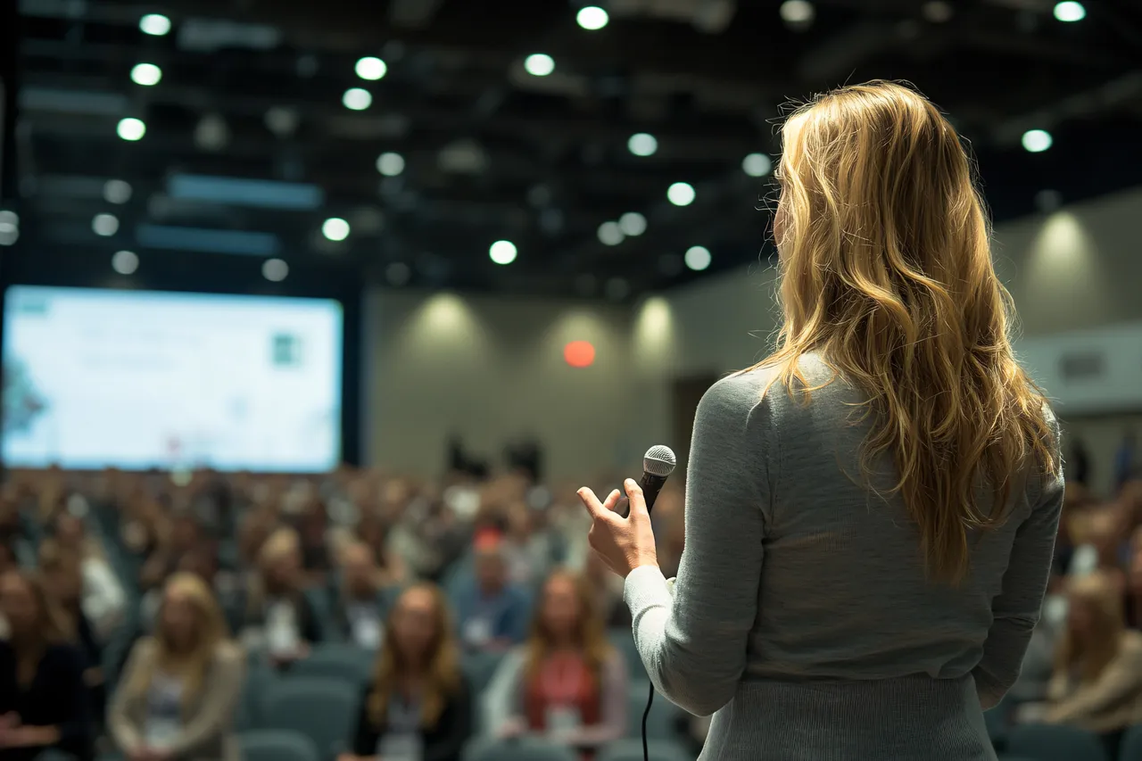 An AI-generated image of a woman speaking to a conference audience.