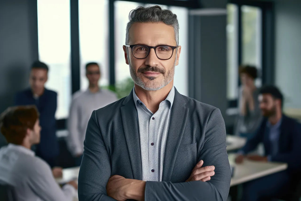 An AI-generated image of a confident professional with a team at work behind him.